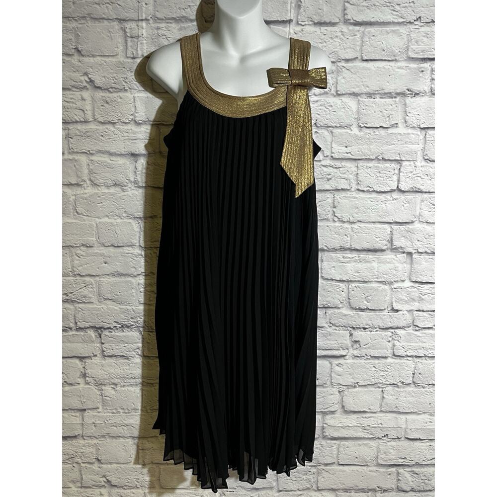 RB Collection Black Pleated Dress Size 10 • Gold Trim & Bow • Cocktail Formal